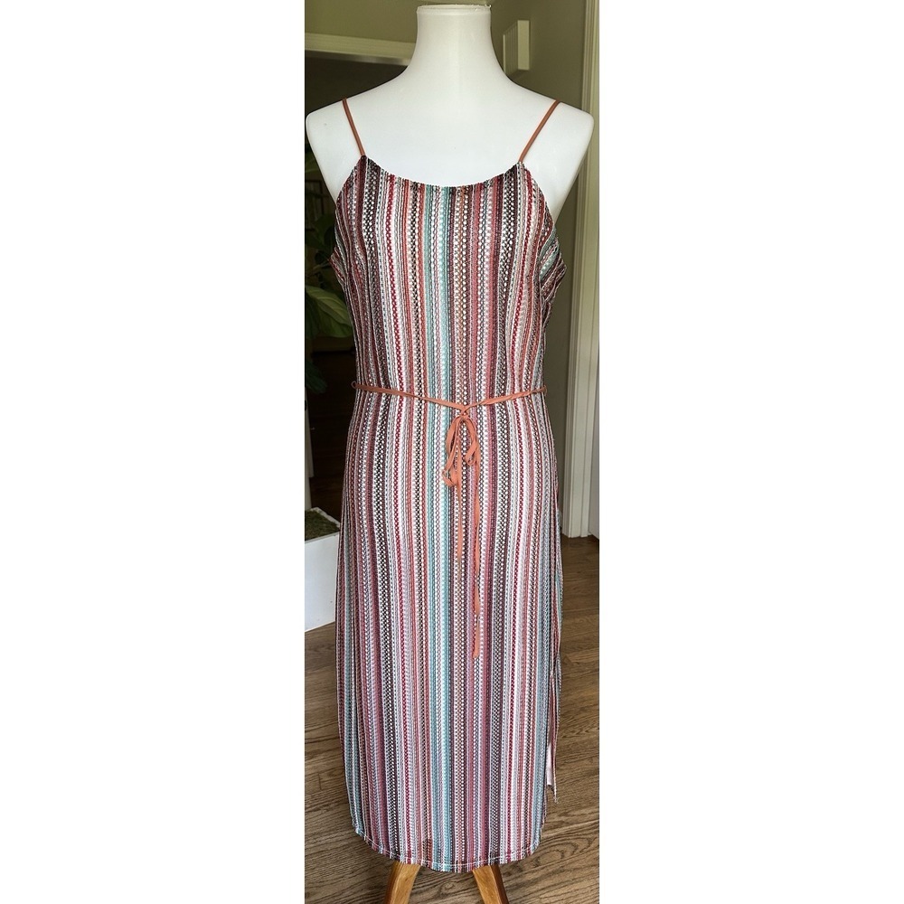 Sam Edelman Striped Midi Dress Size 6 Multicolor Belted Spaghetti Strap NWT - Picture 2 of 11
